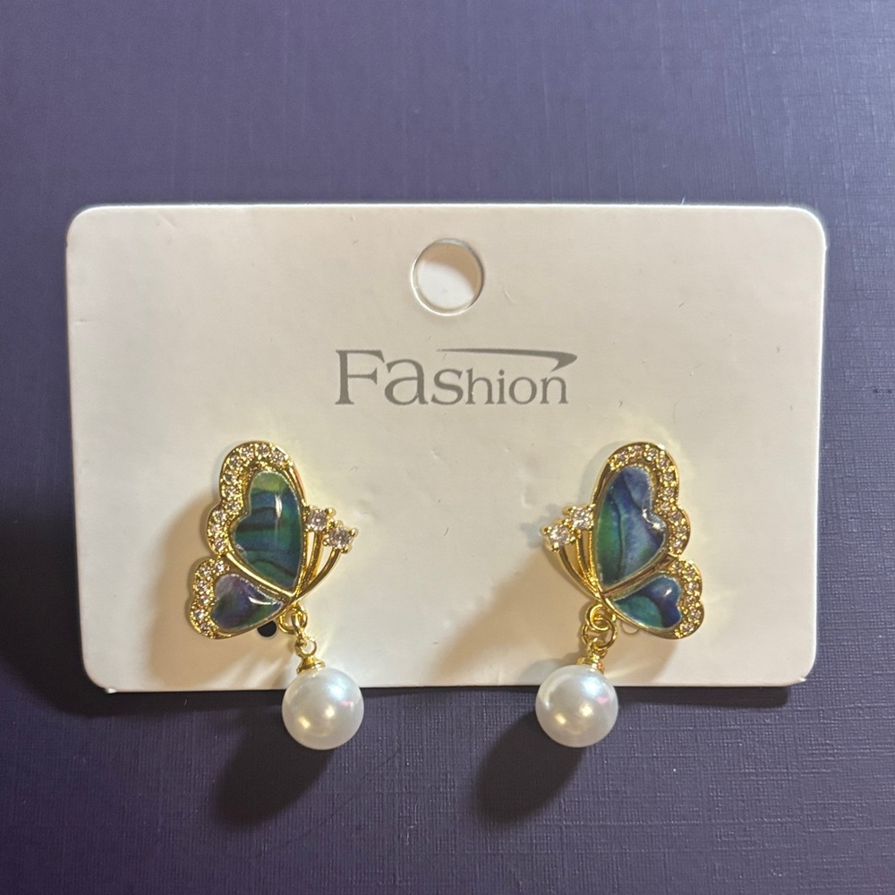 Gold and Blue Butterfly Earrings